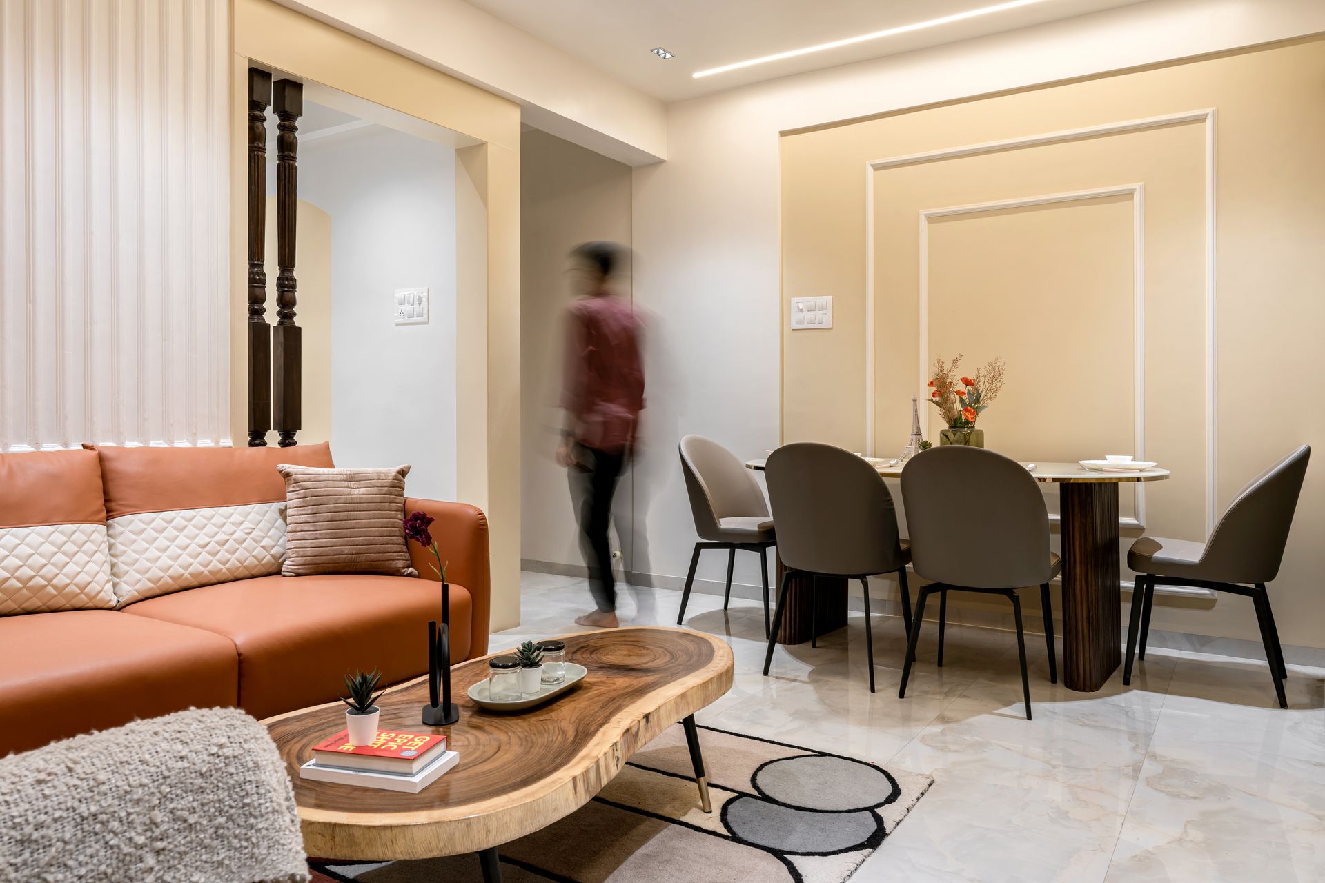 Terracotta and walnut home — living and dining
