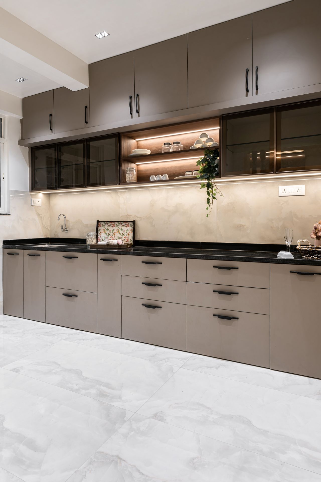 Modular kitchen with taupe shutters