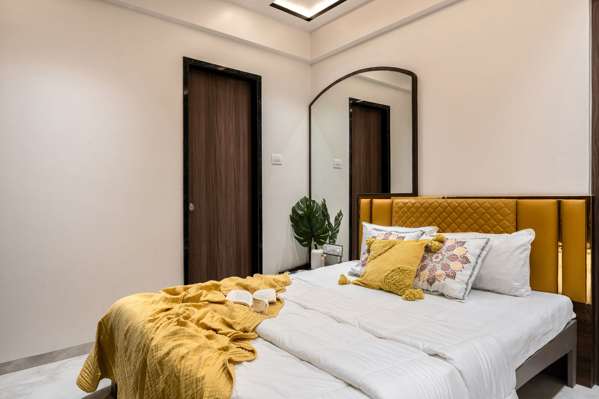 Bedroom · warm neutrals with gold accents