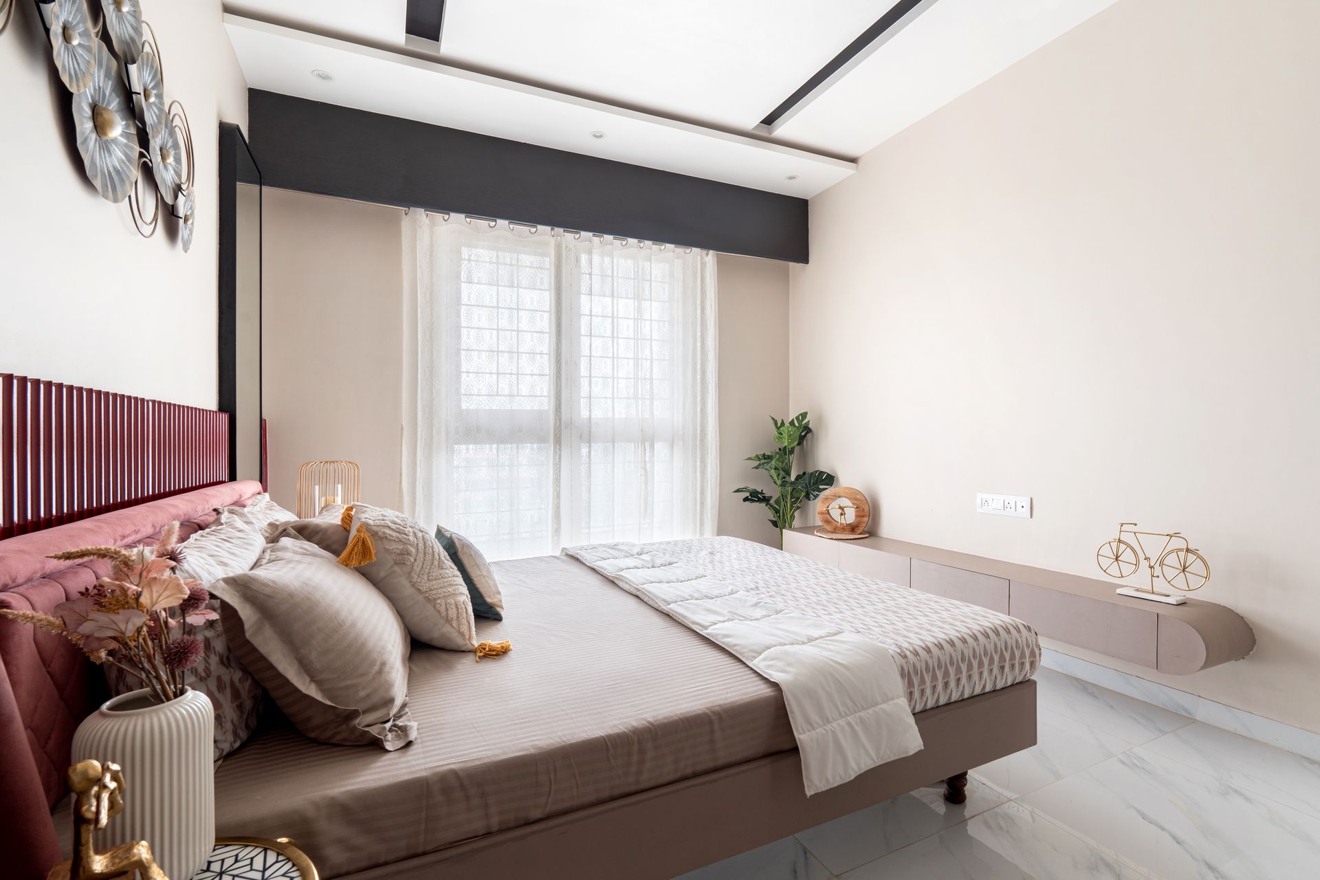 Master bedroom · floating ledge and drapes